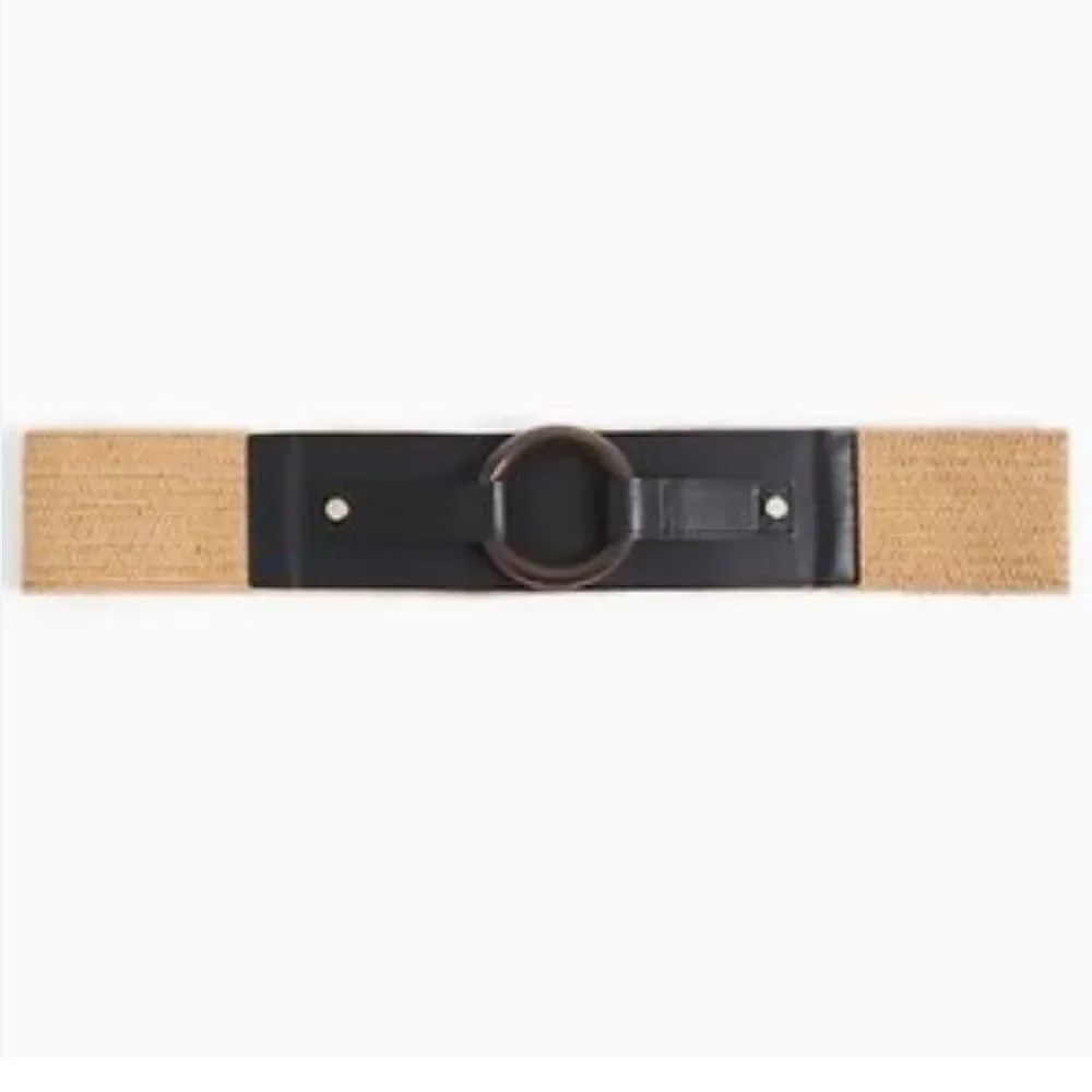 Torrid Black Leather Tan Woven Stretch Belt with Wood Circle NEW
